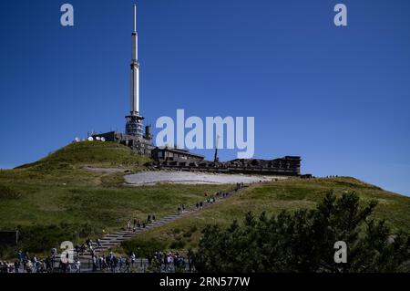 Mountain station of the Panoramique des Domes rack railway, Puy de Dome, radio station and observatory, Mercury Temple construction site Stock Photo