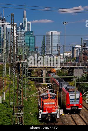 Elevated city view with many trains, railway station and skyscrapers, Frankfurt am Main, Hesse, Germany Stock Photo