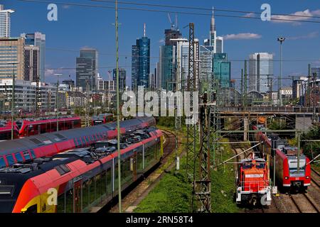 Elevated city view with many trains, railway station and skyscrapers, Frankfurt am Main, Hesse, Germany Stock Photo