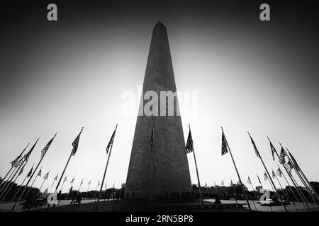 WASHINGTON, DC — Black and white photograph of the Washington Monument in Washington DC. Towering 554 feet above the National Mall in Washington DC, the Washington Monument commemorates George Washington, the first president of the United States. After a decades-long construction project, it was completed in 1884. It was shaped as an Egyptian-style obelisk, and its thick marble walls encase an elevator and long spiral staircase that provides access to small chambers at the top. Fifty American flags ring its base. Stock Photo