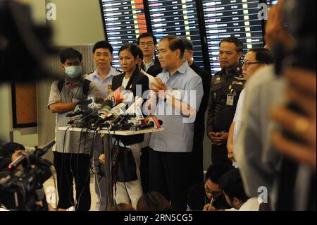 (150621) -- BANGKOK, June 21, 2015 -- Thai Public Health Minister Rajata Rajatanavin (C) and Tourism and Sports Minister Kobkarn Wattanavrangkul (3rd L) attend a press briefing at Suvarnabhumi Airport in Bangkok, Thailand, June 21, 2015. Thailand s public health ministry on Thursday confirmed the country s first case of the Middle East Respiratory Syndrome (MERS). Citizens and travellers have begun to undertake preventive methods such as wearing protective facial masks in Bangkok. The Department of Disease Control says the 75-year-old Mers-infected Omani patient under isolation care at the Bam Stock Photo