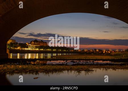 Silhouette of Dresden's old town in the evening on the Elbe, with the new Saxon Parliament and the Maritimhotel Dresden in the old warehouse seen Stock Photo