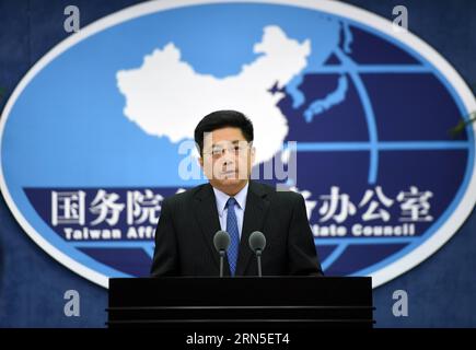 (150624) -- BEIJING, June 24, 2015 -- Ma Xiaoguang, spokesman for the State Council Taiwan Affairs Office, speaks at a press conference in Beijing, capital of China, June 24, 2015. The Chinese mainland welcomes people from all walks of life in Taiwan, including veterans who fought the war and their relatives, to attend the mainland s commemoration of the 70th anniversary of the end of World War II. Ma Xiaoguang, spokesman for the State Council Taiwan Affairs Office, told the press conference that the victory in the Chinese People s War of Resistance against Japanese Aggression was owned by the Stock Photo