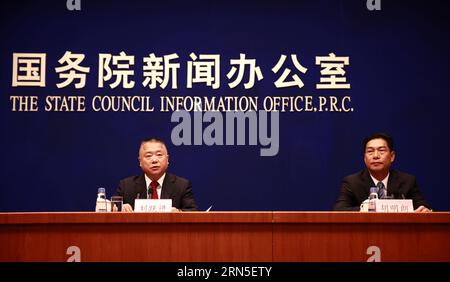 (150624) -- BEIJING, June 24, 2015 -- Liu Yuejin (L), assistant minister of public security, speaks at a press conference in Beijing, capital of China, June 24, 2015. China had 2.95 million registered drug addicts at the end of 2014, but the real number who have used narcotics is thought to exceed 14 million, the Ministry of Public Security said on Wednesday. ) (wf) CHINA-BEIJING-DRUG SITUATION-PRESS CONFERENCE (CN) PanxXu PUBLICATIONxNOTxINxCHN   150624 Beijing June 24 2015 Liu Yuejin l Assistant Ministers of Public Security Speaks AT a Press Conference in Beijing Capital of China June 24 201 Stock Photo