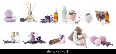 Set of spa supplies with lavender on white background Stock Photo