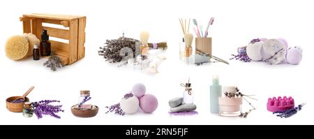Set of spa supplies with lavender on white background Stock Photo