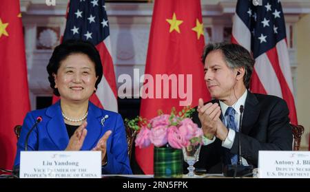 150625 -- WASHINGTON, June 24, 2015 -- Chinese Vice Premier Liu Yandong L and U.S. Deputy Secretary of State Anthony Blinken attend the sixth China-U.S. high-level Consultations on the People-to-people Exchange CPE in Washington D.C., the United States, June 24, 2015.  zw U.S.-WASHINGTON-CHINA-CPE BaoxDandan PUBLICATIONxNOTxINxCHN Stock Photo