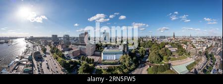 Large panorama, drone shot, aerial view, port of Hamburg with landing stage, wide view over the city, Saint Pauli, Hamburg, Germany Stock Photo