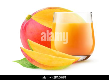 Glass of mango juice and sliced red mango fruit, isolated on white background Stock Photo