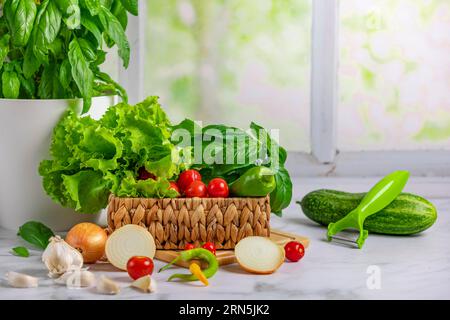 Fresh vegetables in basket, salad ingredients, cucumber with peeler, tomatoes, lettuce, basil, pepperoni, onion cut, garlic, paprika Stock Photo