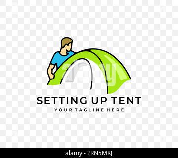 Man sets up tent, camping and camp, colored graphic design. Tourism, hike, hiking, nature and camping trip, vector design and illustration Stock Vector