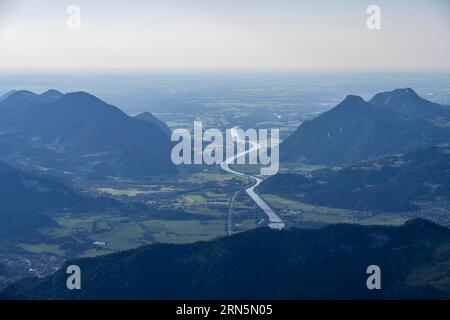 Evening atmosphere view from Scheffauer the Inn valley with river Inn, Kitzbuehler Alps, Tyrol, Austria Stock Photo