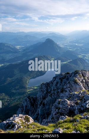 Evening mood View from Scheffauer on Hintersteiner See and Inntal, Kaisergebirge, Wilder Kaiser, Kitzbuehler Alpen, Tyrol, Austria Stock Photo