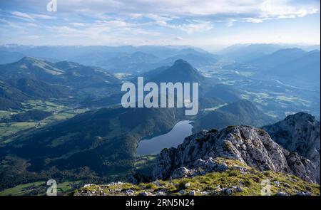 Evening mood View from Scheffauer on Hintersteiner See and Inntal, Kaisergebirge, Wilder Kaiser, Kitzbuehler Alpen, Tyrol, Austria Stock Photo