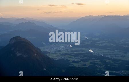 Evening atmosphere view from Scheffauer the Inn valley with river Inn, Kitzbuehler Alps, Tyrol, Austria Stock Photo