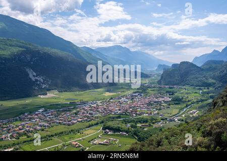 Town view, view of the Sarca Valley with the village of Dro, Garda Mountains, Arco, Trentino-Alto Adige, Italy Stock Photo