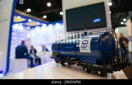 (150630) -- JOHANNESBURG, June 30, 2015 -- Photo taken on June 30, 2015 shows a displayed model of a petroleum wagon by Titagarh Wagons Corporation during Africa Rail 2015 at Sandton Convention Centre in Johannesburg, South Africa. The 2015 edition of Africa s largest transport exhibition which features: Africa Rail, Aviation Festival Africa, Africa Ports and Harbour Show, Transport Security and Safety Show Africa and the Cargo Show Africa, opened here Tuesday. About 150 global exhibitors participate in the two-day event, which helps transport operators, investors and their partners to take ad Stock Photo