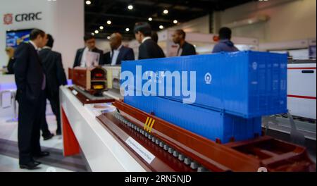 (150630) -- JOHANNESBURG, June 30, 2015 -- Photo taken on June 30, 2015 shows a displayed model of X2H Double-layer Container Flat Wagon with Concave Bottom by China Railway Rolling Stock Corporation during Africa Rail 2015 at Sandton Convention Centre in Johannesburg, South Africa. The 2015 edition of Africa s largest transport exhibition which features: Africa Rail, Aviation Festival Africa, Africa Ports and Harbour Show, Transport Security and Safety Show Africa and the Cargo Show Africa, opened here Tuesday. About 150 global exhibitors participate in the two-day event, which helps transpor Stock Photo