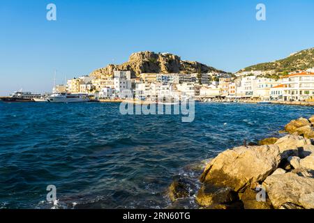 Greece, Dodecanese, Karpathos, port city of Pigadia Stock Photo