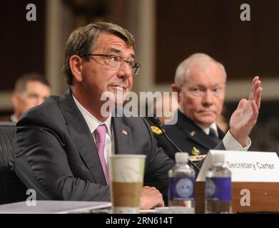 (150707) -- WASHINGTON D.C., July 7, 2015 -- U.S. Defense Secretary Ash Carter(L) testifies before a Senate Armed Services Committee hearing on anti-IS strategy on Capitol Hill in Washington D.C., capital of the United States, July 7, 2015. U.S. defense chief said Tuesday that execution of the U.S. strategy against the extremist group, the Islamic State, fell short of expectation. ) U.S.-WASHINGTON D.C.-ANTI-IS STRATEGY-HEARING BaoxDandan PUBLICATIONxNOTxINxCHN   150707 Washington D C July 7 2015 U S Defense Secretary Ash Carter l testifies Before a Senate Armed Services Committee Hearing ON A Stock Photo