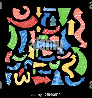 Collection Hand Drawn Cartoon Arrow icon. Isolated vector colorful texture decorative arrows on black background. Concept geometric elements shape for Stock Vector