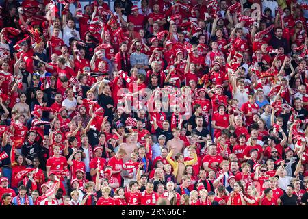 BERGEN - Fans of SK Brann during the UEFA Conference League play-offs match between SK Brann and AZ Alkmaar at Brann stadium on August 31, 2023 in Bergen, Norway. ANP ED VAN DE POL Stock Photo