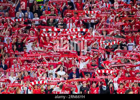 BERGEN - Fans of SK Brann during the UEFA Conference League play-offs match between SK Brann and AZ Alkmaar at Brann stadium on August 31, 2023 in Bergen, Norway. ANP ED VAN DE POL Stock Photo