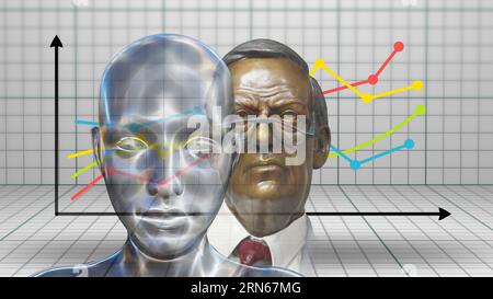 Symbolic image, future, turn of the times, old banker, stockbroker, AI, AI artificial intelligence, stock market prices, rising prices, rising stock Stock Photo