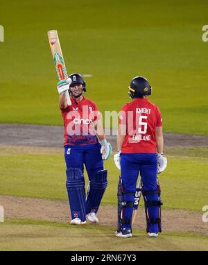 England's Alice Capsey celebrates reaching her half century as she bats during the first women's IT20 match at The 1st Central County Ground, Brighton and Hove. Picture date: Thursday August 31, 2023. Stock Photo