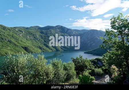 Lake Koman, a reservoir on the Drin River, in the Albanian Alps in northern Albania. Koman, Shkodra, Albania, Southeast Europe Stock Photo