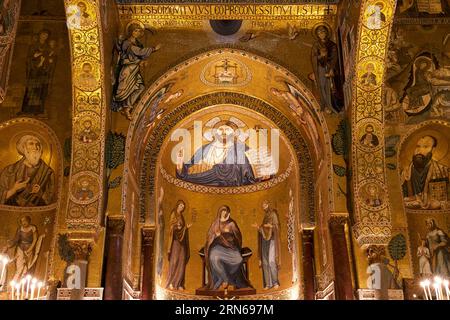 Christ Pantocrator mosaic, depictions of saints, Palatina Chapel, Cappella Palatina, Byzantine gold-ground mosaics, Palermo, capital, Sicily, Italy Stock Photo