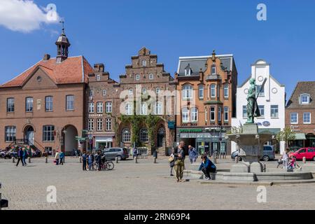 Asmussen-Woldsen monument and old houses in the old town of Husum at the market, North Frisia, Schleswig-Holstein, Germany Stock Photo