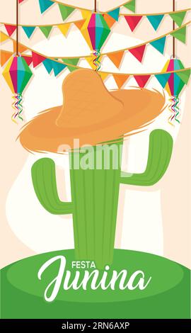 Colored festival ornaments and a cactus with a hat Festa Junina template Vector Stock Vector