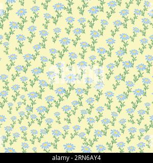 Seamless pattern Creative floral print with chamomile flowers, leaves in hand drawn style on a blue-turquoise background. Spring summer template for d Stock Vector