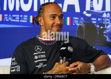 Lewis Hamilton of United Kingdom driving the (44) Mercedes-AMG PETRONAS F1 Team W14 during the drivers press conference at the Formula 1 Pirelli Italian Grand Prix 2023 on August 31st, 2023 in Monza, Italy. Credit: Luca Rossini/E-Mage/Alamy Live News Stock Photo