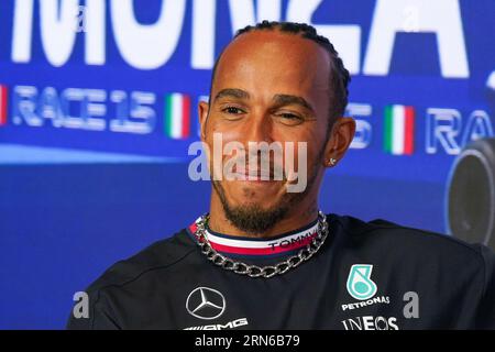 Lewis Hamilton of United Kingdom driving the (44) Mercedes-AMG PETRONAS F1 Team W14 during the drivers press conference at the Formula 1 Pirelli Italian Grand Prix 2023 on August 31st, 2023 in Monza, Italy. Credit: Luca Rossini/E-Mage/Alamy Live News Stock Photo