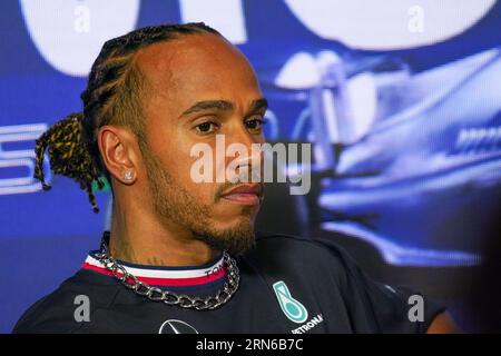 Lewis Hamilton of United Kingdom driving the (44) Mercedes-AMG PETRONAS F1 Team W14 during the drivers press conference at the Formula 1 Pirelli Italian Grand Prix 2023 on August 31st, 2023 in Monza, Italy. Credit: Luca Rossini/E-Mage/Alamy Live News Stock Photo