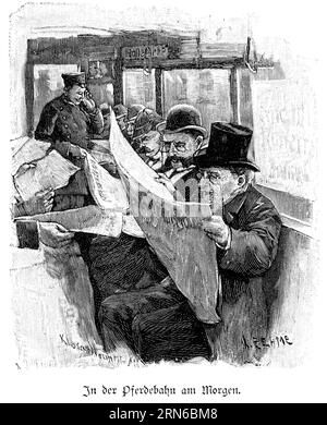 In the horse-drawn tram in the morning, Berlin, public transport in the 19th century, conductor, passengers, reading the newspaper, monocle, row Stock Photo