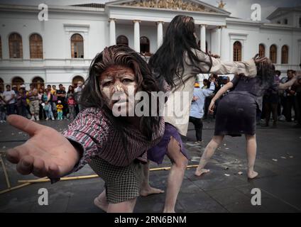 (150719) -- QUITO, July 18, 2015 -- Members of the dance group Bastards Children of Butoh perform during a demonstration in memory of missing people in Theatre Square, in Quito, Ecuador, on July 18, 2015. According to the State Attorney General, from Jan. 2013 to Dec. 2014, a total of 1,606 people have been reported missing in Ecuador. Santiago Armas) ECUADOR-QUITO-SOCIETY-DEMONSTRATION e SANTIAGOxARMAS PUBLICATIONxNOTxINxCHN   150719 Quito July 18 2015 Members of The Dance Group Bastards Children of Butoh perform during a Demonstration in Memory of Missing Celebrities in Theatre Square in Qui Stock Photo