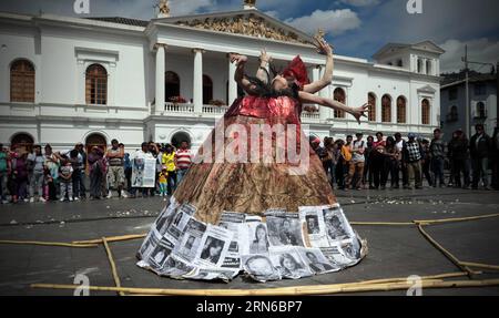 (150719) -- QUITO, July 18, 2015 -- Members of the dance group Bastards Children of Butoh perform during a demonstration in memory of missing people in Theatre Square, in Quito, Ecuador, on July 18, 2015. According to the State Attorney General, from Jan. 2013 to Dec. 2014, a total of 1,606 people have been reported missing in Ecuador. Santiago Armas) ECUADOR-QUITO-SOCIETY-DEMONSTRATION e SANTIAGOxARMAS PUBLICATIONxNOTxINxCHN   150719 Quito July 18 2015 Members of The Dance Group Bastards Children of Butoh perform during a Demonstration in Memory of Missing Celebrities in Theatre Square in Qui Stock Photo