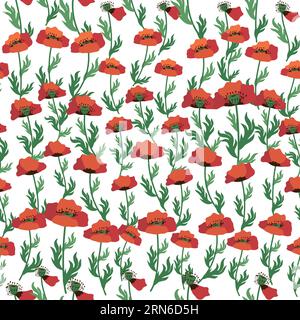 Summer seamless pattern with bright red poppy flowers and poppy pods. Field, meadow of poppies. Stock Vector