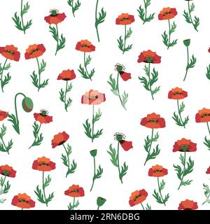 Summer seamless pattern with bright red poppy flowers and poppy pods. Field, meadow of poppies. Stock Vector