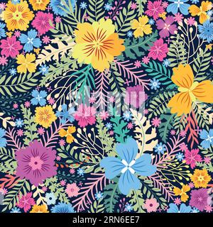 Beautiful floral seamless pattern with yellow flowers, forest grasses, leaves on a light blue-purple background. Wild flowers perfect template Stock Vector