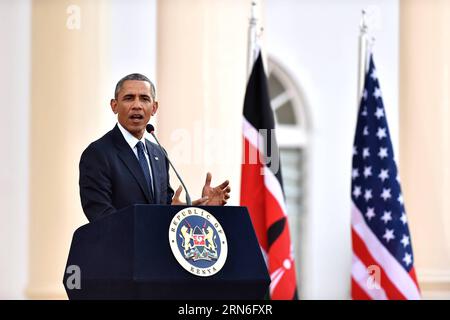 (150725) -- NAIROBI, July 25, 2015 -- U.S. President Barack Obama speaks during a joint press conference with Kenyan President Uhuru Kenyatta in Nairobi, Kenya, July 25, 2015. Kenya and the U.S. on Saturday reaffirmed their commitment on security cooperation and in the war against terrorism to help prevent future terror attacks in the East African nation. ) KENYA-NAIROBI-U.S.-UHURU-OBAMA-JOINT PRESS CONFERENCE SunxRuibo PUBLICATIONxNOTxINxCHN   150725 Nairobi July 25 2015 U S President Barack Obama Speaks during a Joint Press Conference With Kenyan President Uhuru Kenyatta in Nairobi Kenya Jul Stock Photo