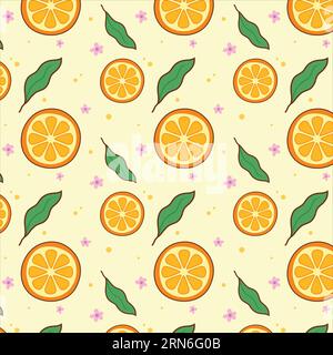 Orange Slice Seamless Pattern. Organic Healthy Summer Fruit Pattern. Fresh Citrus Fruit Background With Green Leaves Stock Vector