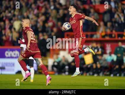 Aberdeen's Bojan Miovski celebrates scoring their side's first goal of the game from the penalty spot during the UEFA Europa League play-off second leg match at Pittodrie Stadium, Aberdeen. Picture date: Thursday August 31, 2023. Stock Photo