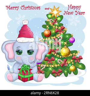 Cute cartoon elephant, childish character in santa hat with gift, christmas ball or candy cane near christmas tree. New Year Stock Vector