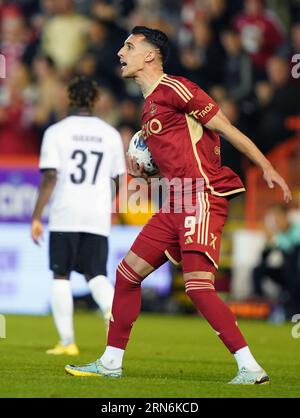 Aberdeen's Bojan Miovski celebrates scoring their side's first goal of the game from the penalty spot during the UEFA Europa League play-off second leg match at Pittodrie Stadium, Aberdeen. Picture date: Thursday August 31, 2023. Stock Photo