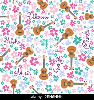 Ukulele seamless pattern, ukulele. Pattern with monstera, leaves, flowers notes inscriptions Stock Vector