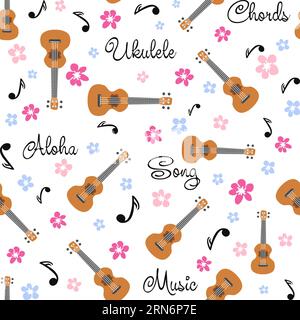 Ukulele seamless pattern, ukulele. Pattern with monstera, leaves, flowers notes inscriptions Stock Vector